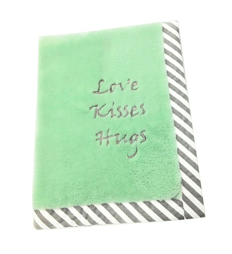 Bacati Love Unisex Kisses and Hugs Embroidered Plush Blanket, Mint/Grey - Image 1